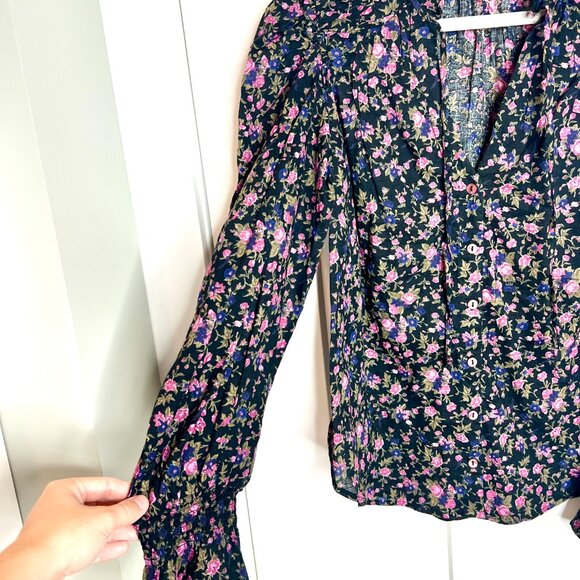 Free People Meant To Be Black Micro Floral Cottagecore Prairie Tassel Blouse S - Picture 5 of 7